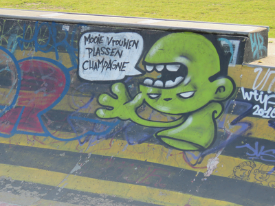 833022 Afbeelding van graffiti met een WTIP met de tekst MOOIE VROUWEN PLASSEN CHAMPAGNE op de skatebaan in het ...